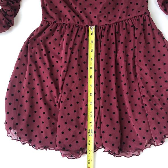 ASOS DESIGN flocked Burgundy Black Polka Dot ruched sleeve romper Size 8 - Picture 12 of 13